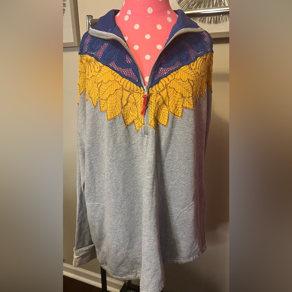FREE PEOPLE Oversized Gray Pullover with Gold Leaves and Blue Lace Detail. VGUC